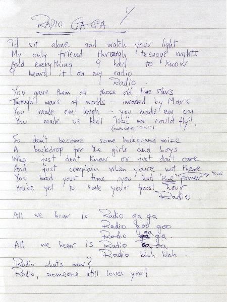 'Radio Ga Ga' hardwritten lyrics front