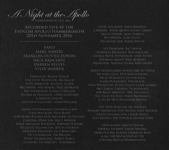 The Queen Extravaganza 'A Night At The Apollo' CD inner sleeve