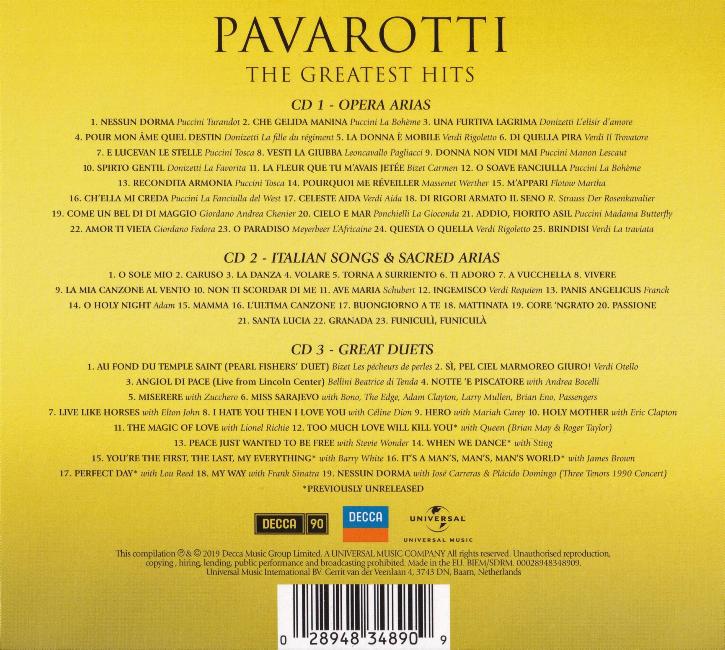 Pavarotti 'The Greatest Hits' UK CD back sleeve