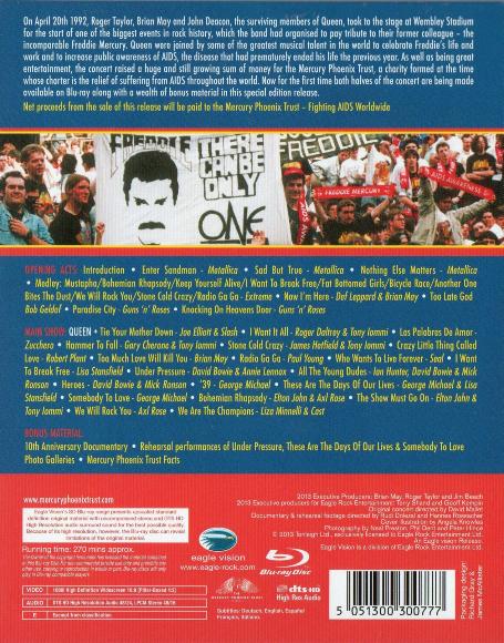 Queen 'The Freddie Mercury Tribute Concert' UK 2013 reissue Blu-ray back sleeve